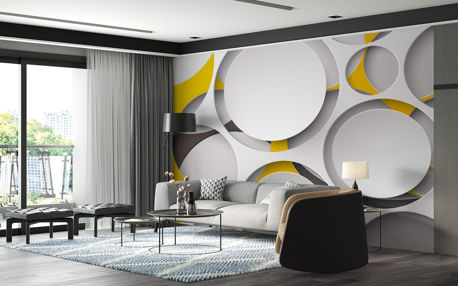 Fototapeta biele kruhové prvky vytesané do žltej sieťoviny