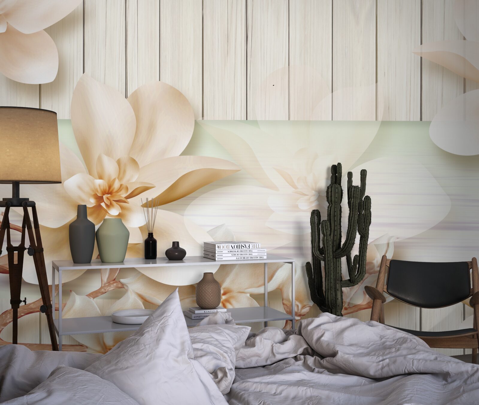 Fototapeta svetlé púčiky broskyne na snehobielych parketách