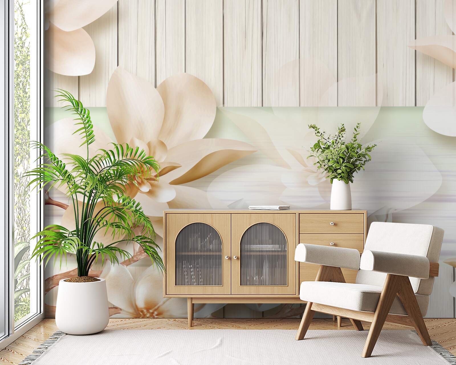 Fototapeta svetlé púčiky broskyne na snehobielych parketách