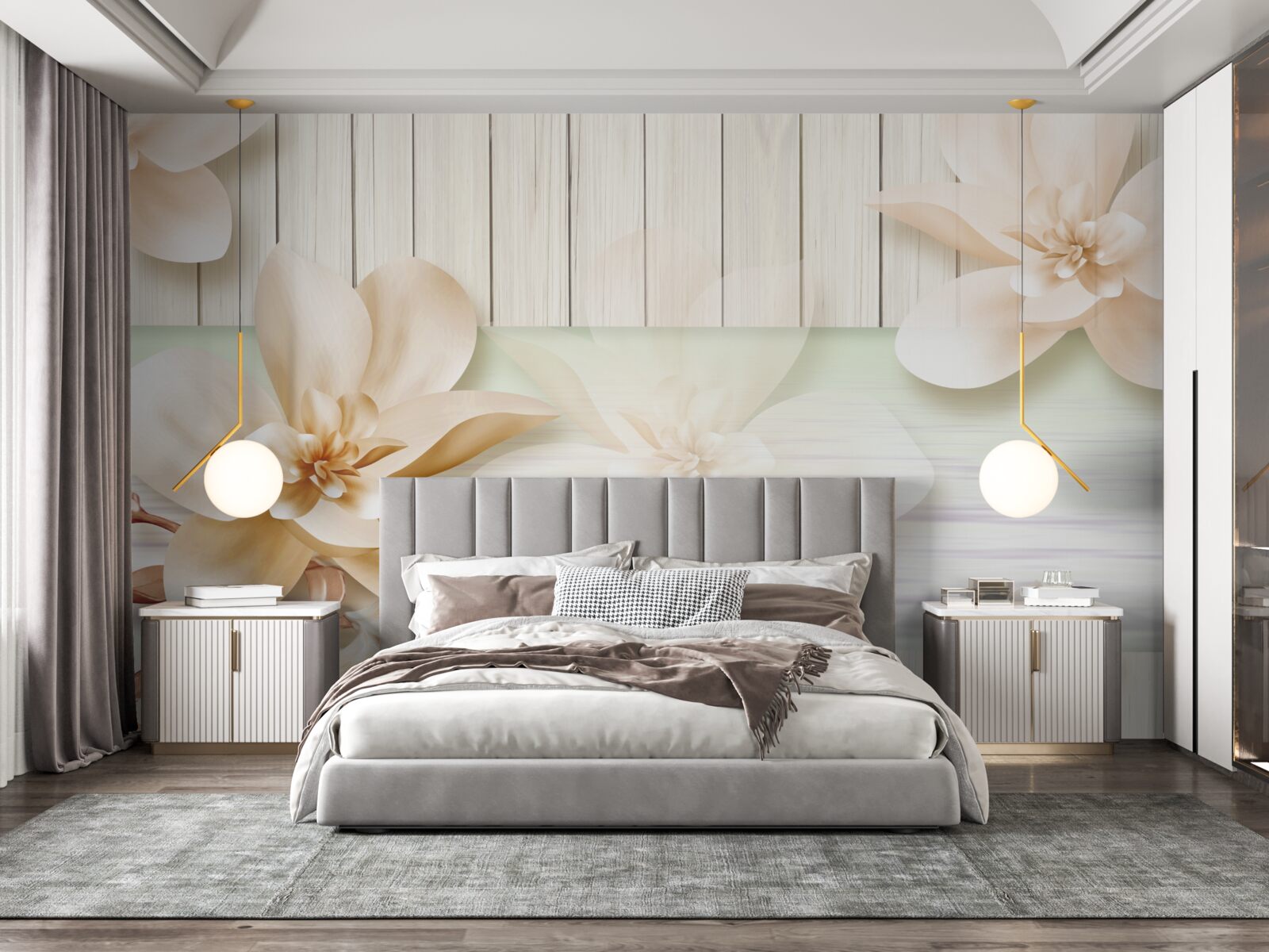 Fototapeta svetlé púčiky broskyne na snehobielych parketách