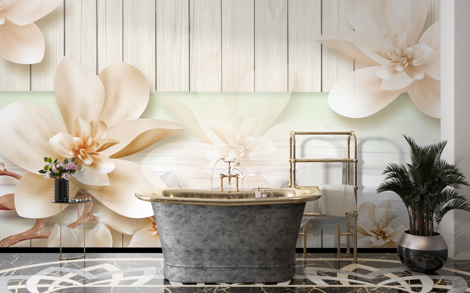 Fototapeta svetlé púčiky broskyne na snehobielych parketách