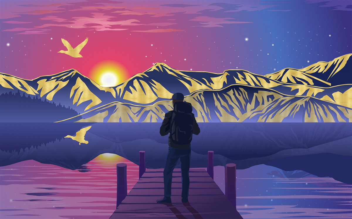 Fototapeta na moste turista stretáva úsvit