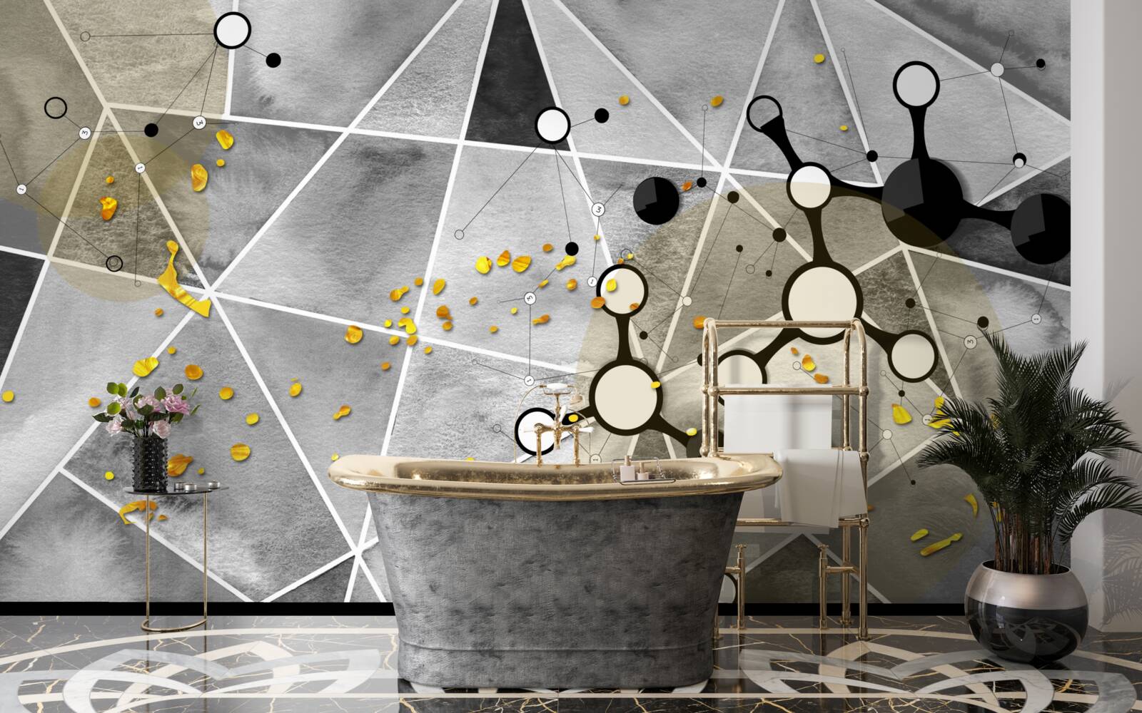 Fototapeta zlaté častice na sivom mramorovom povrchu