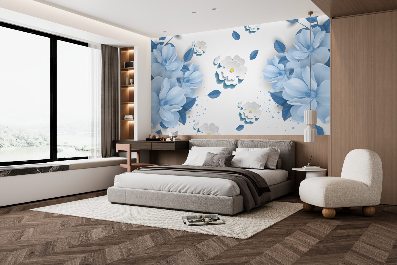 Fototapeta kvety jemného modrého odtieňa na snehobielom podklade