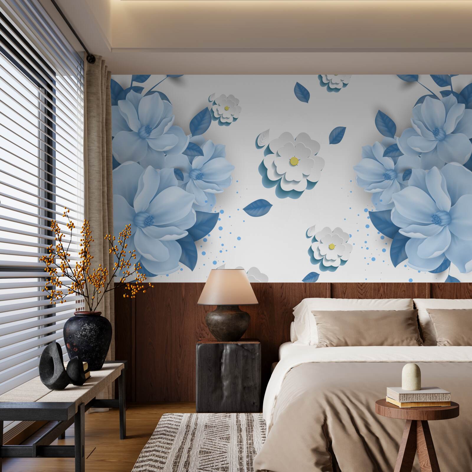 Fototapeta kvety jemného modrého odtieňa na snehobielom podklade