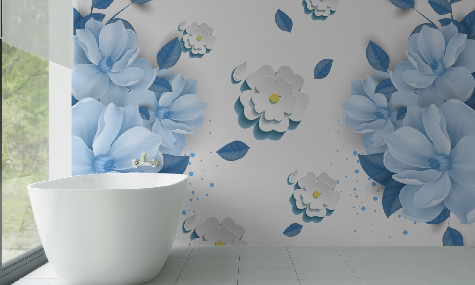 Fototapeta kvety jemného modrého odtieňa na snehobielom podklade