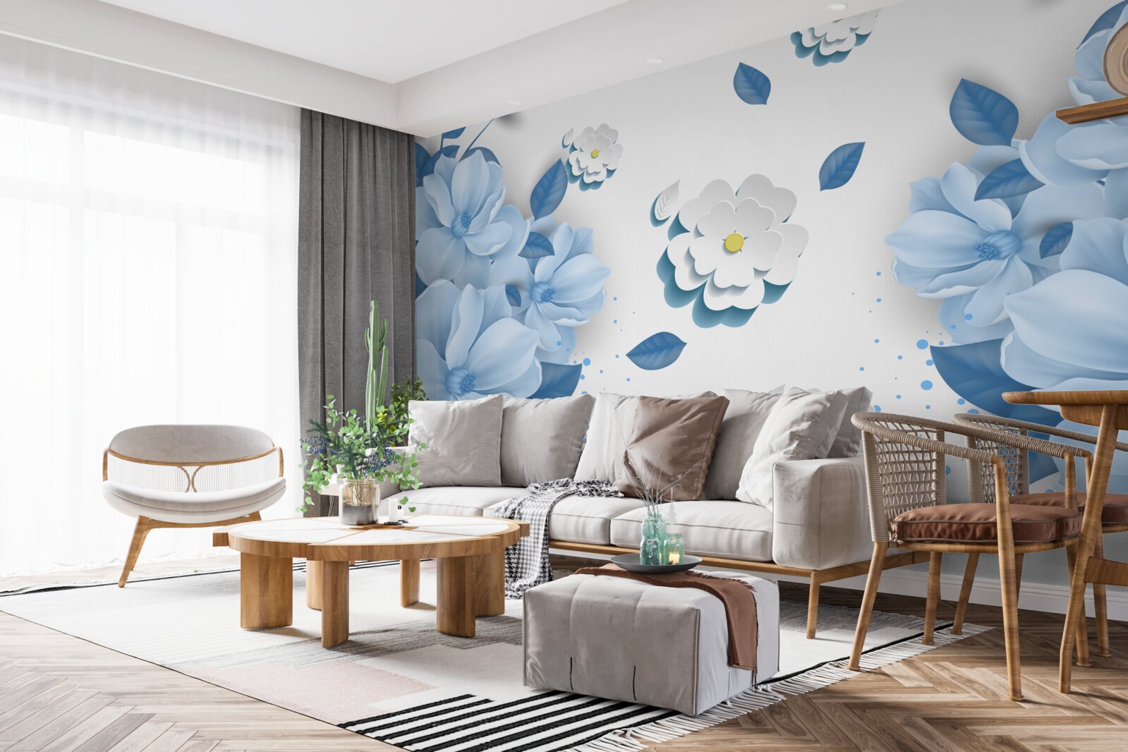 Fototapeta kvety jemného modrého odtieňa na snehobielom podklade