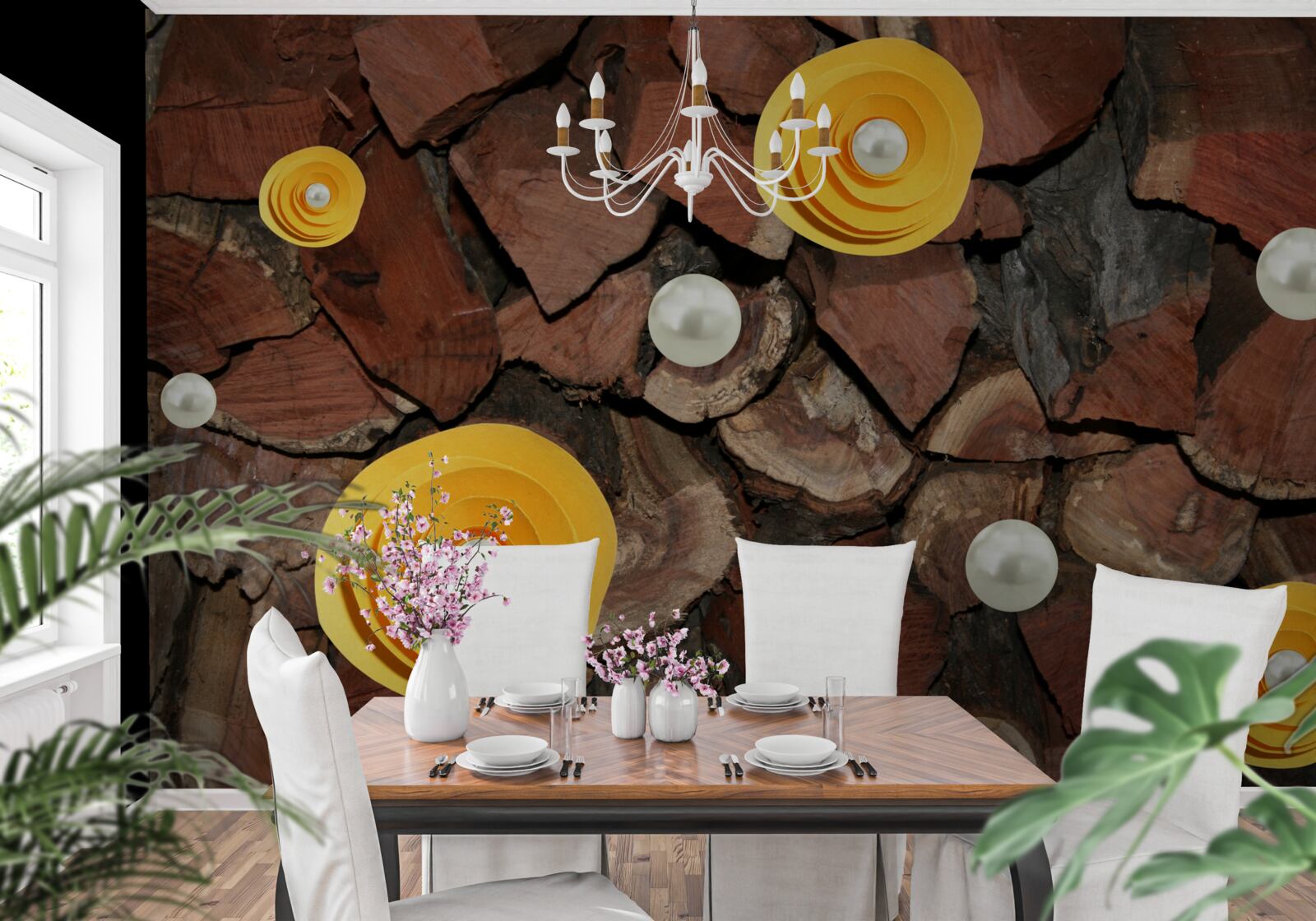 Fototapeta kvety so žltým odtieňom, perly a kúsky dreva