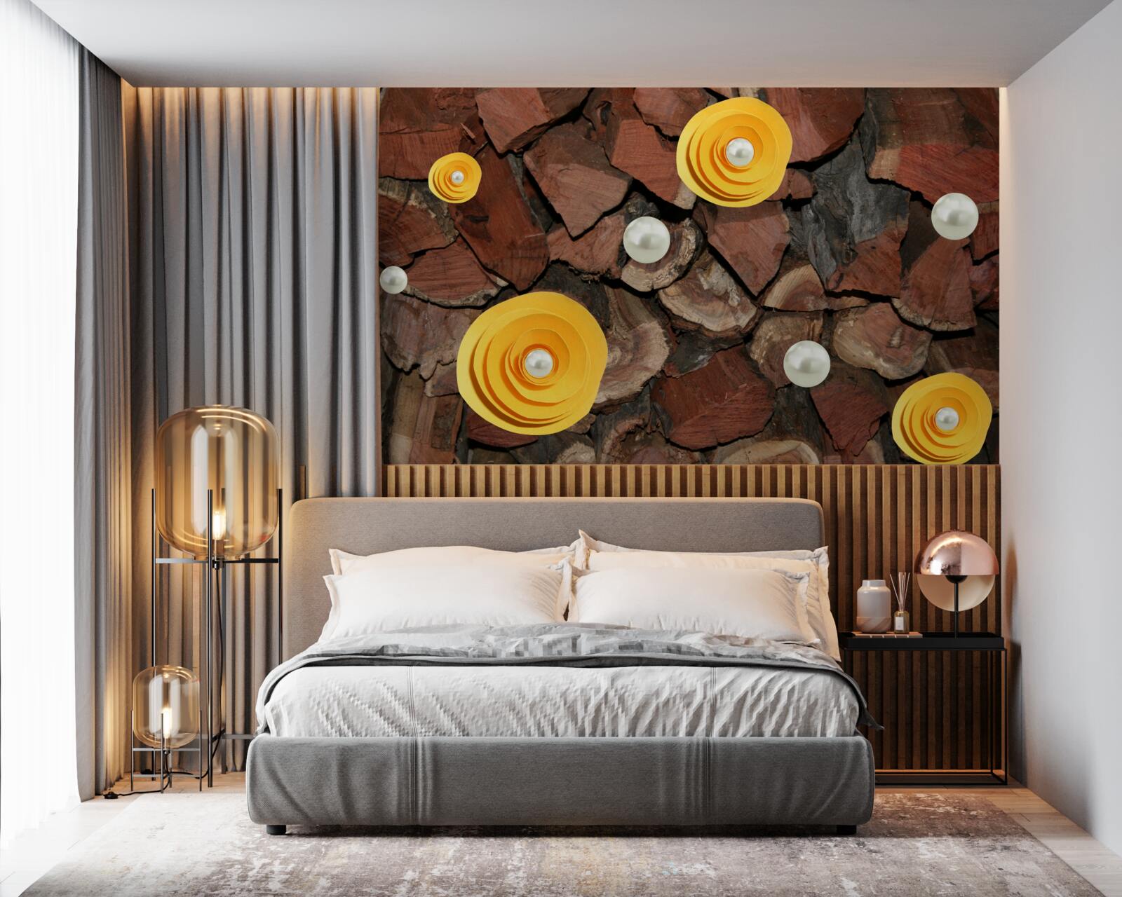 Fototapeta kvety so žltým odtieňom, perly a kúsky dreva