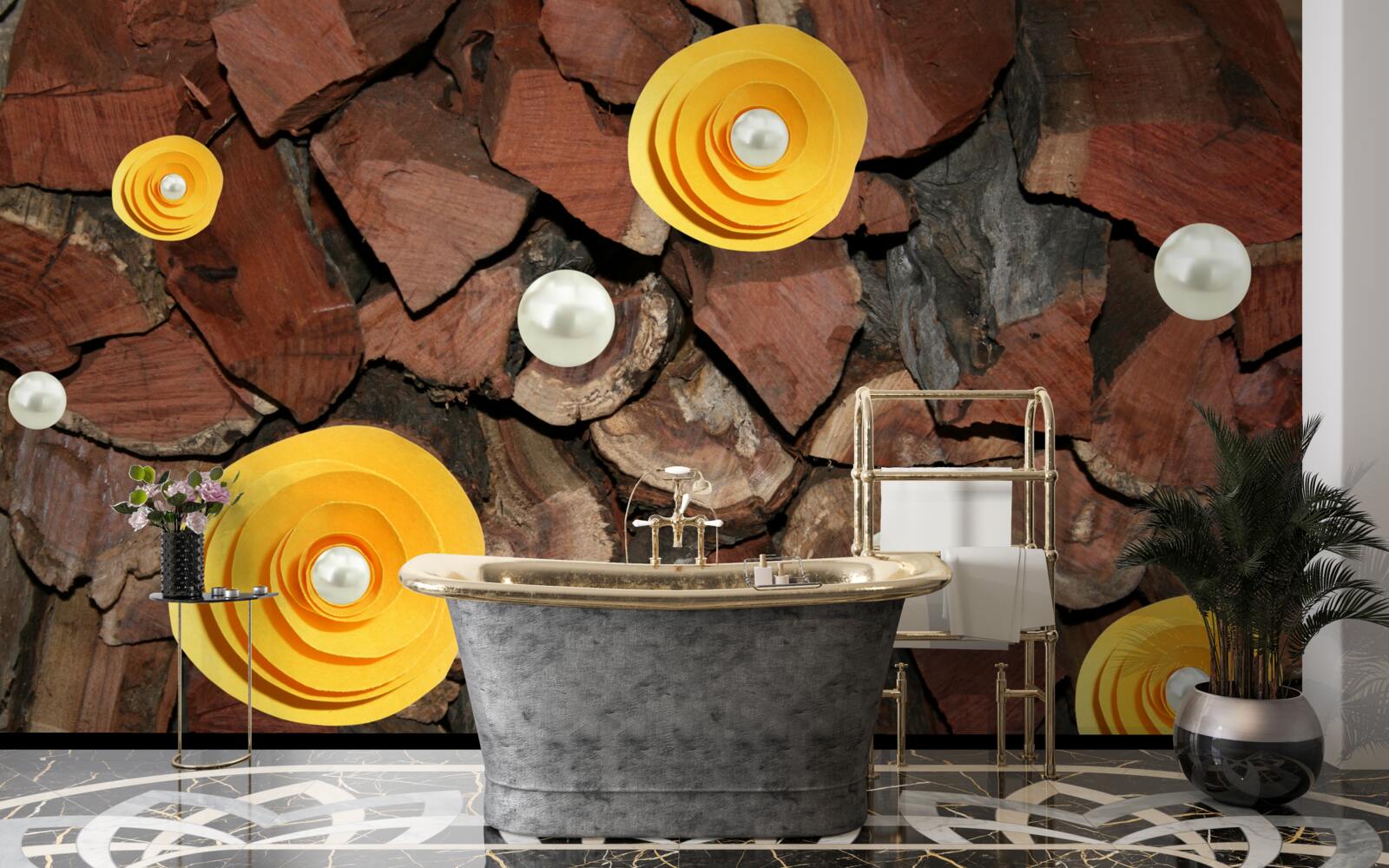 Fototapeta kvety so žltým odtieňom, perly a kúsky dreva