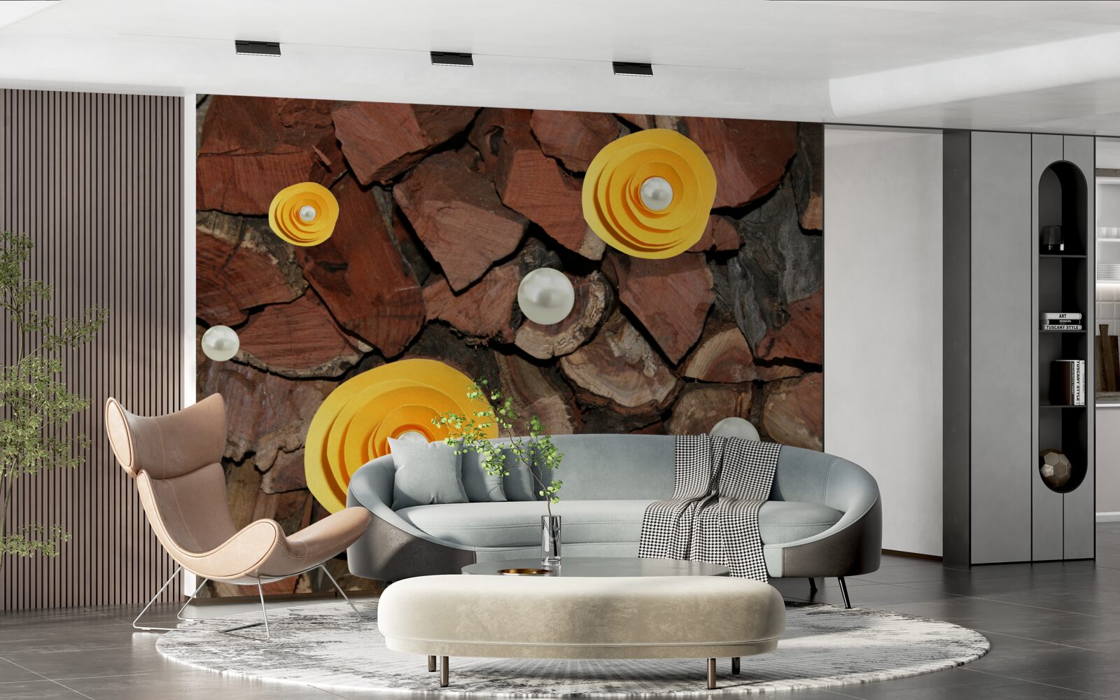 Fototapeta kvety so žltým odtieňom, perly a kúsky dreva