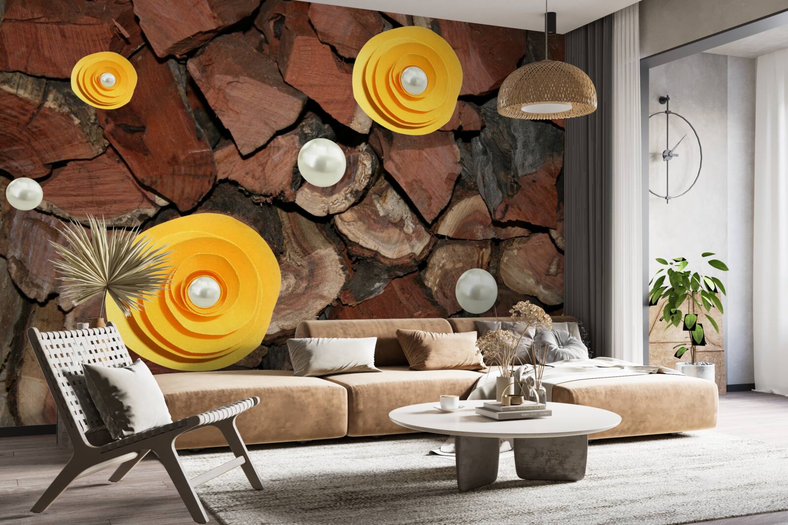 Fototapeta kvety so žltým odtieňom, perly a kúsky dreva