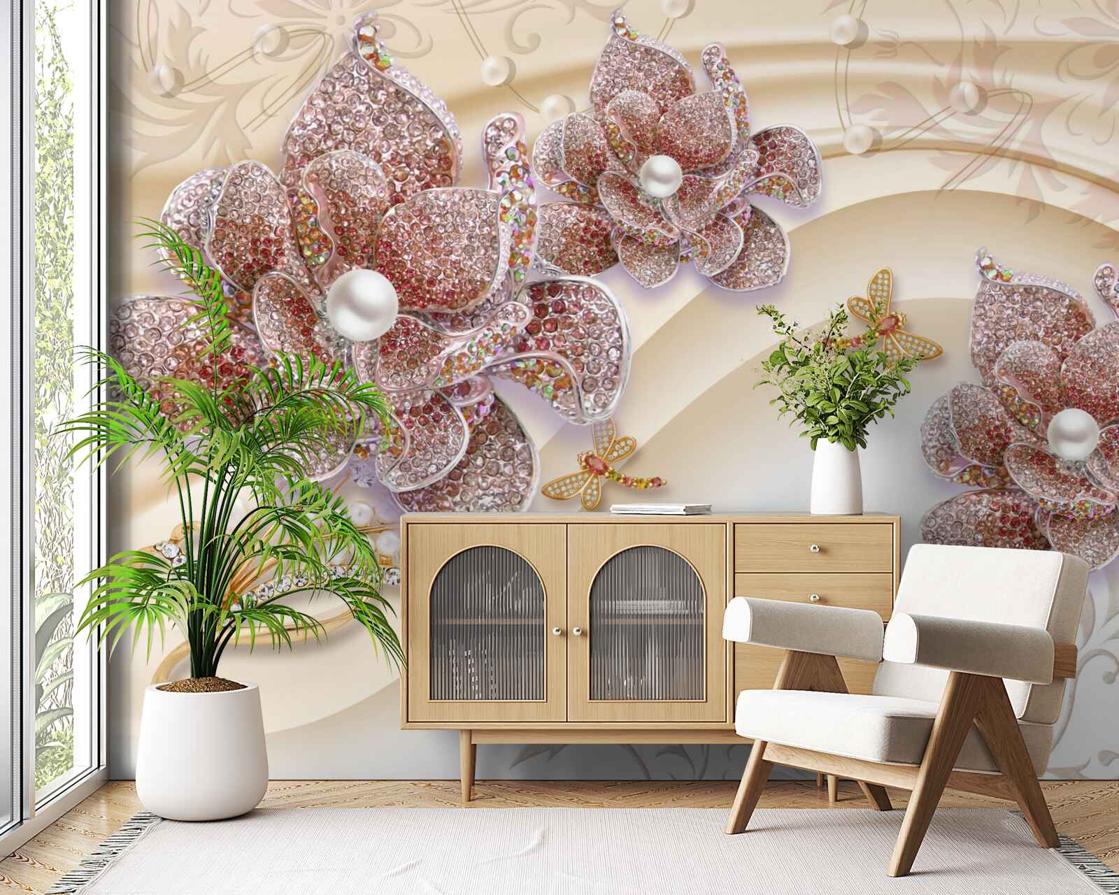 Fototapeta zloženie perlových kvetov a motýľov