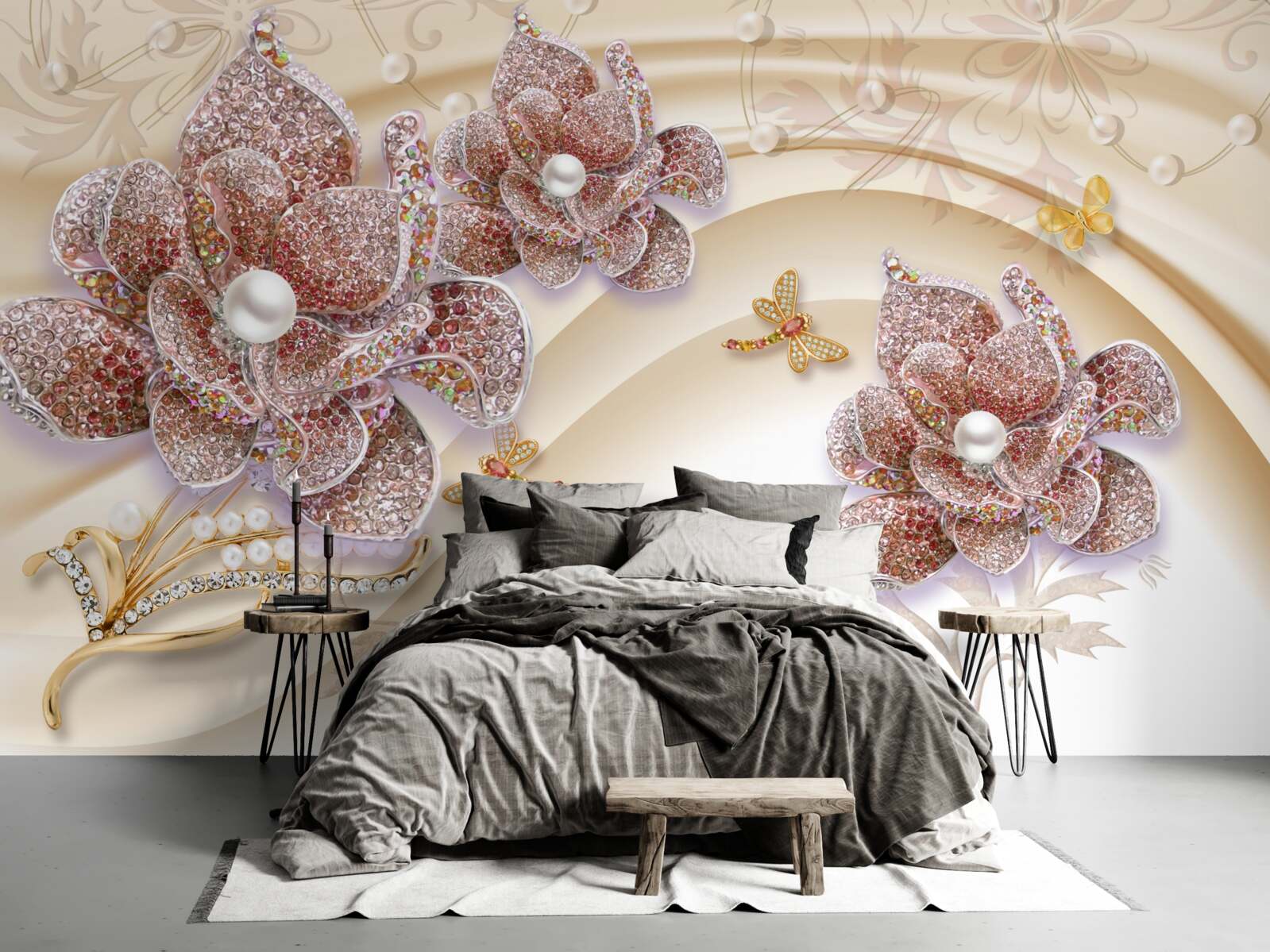 Fototapeta zloženie perlových kvetov a motýľov