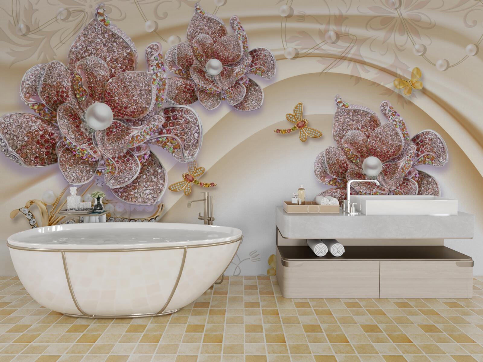 Fototapeta zloženie perlových kvetov a motýľov