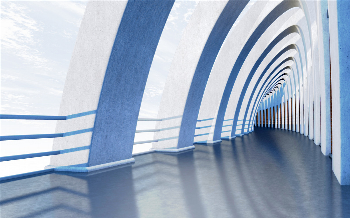 Fototapeta chodba obklopená stĺpmi pod jasnou oblohou