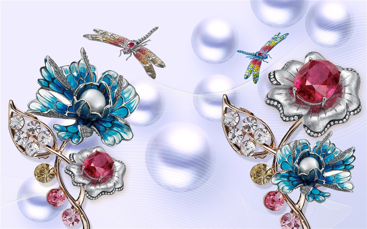 Fototapeta drahokamy s rastlinnými motívmi a vyobrazeniami vážok