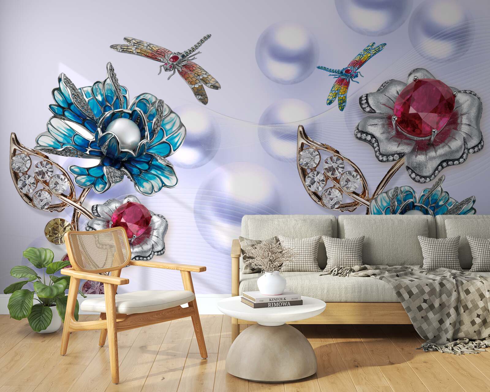 Fototapeta drahokamy s rastlinnými motívmi a vyobrazeniami vážok