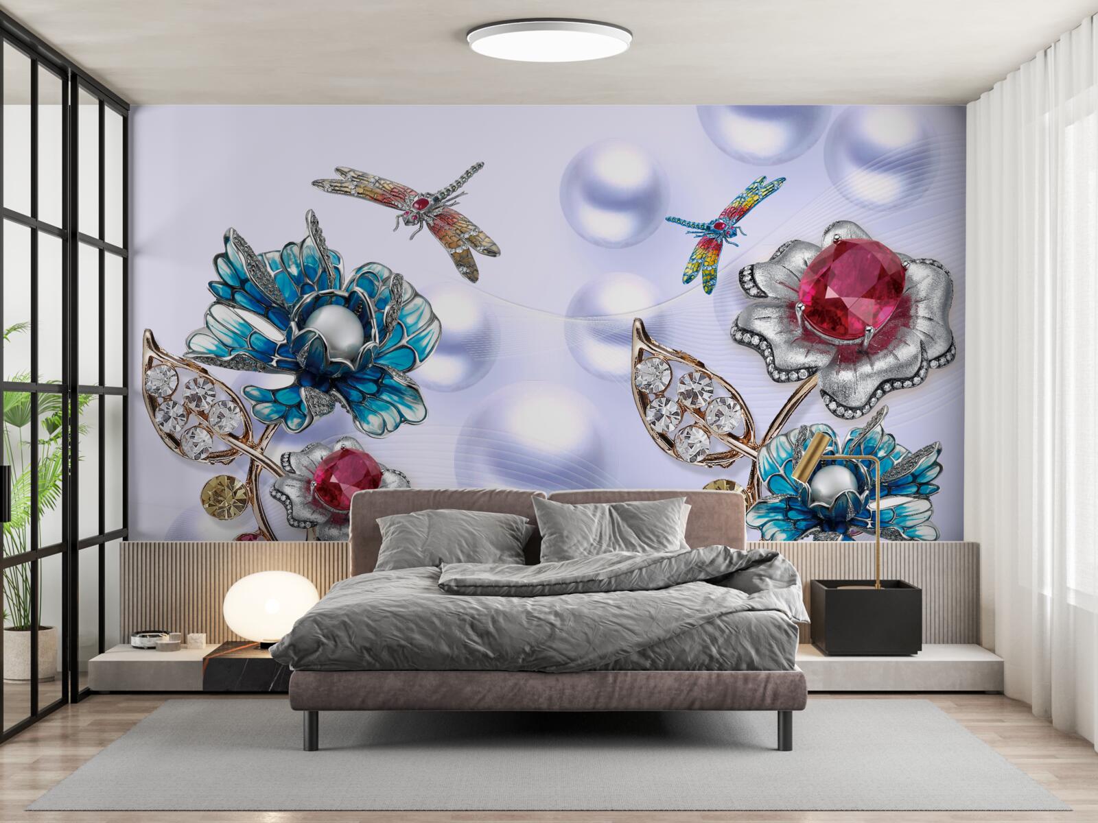 Fototapeta drahokamy s rastlinnými motívmi a vyobrazeniami vážok