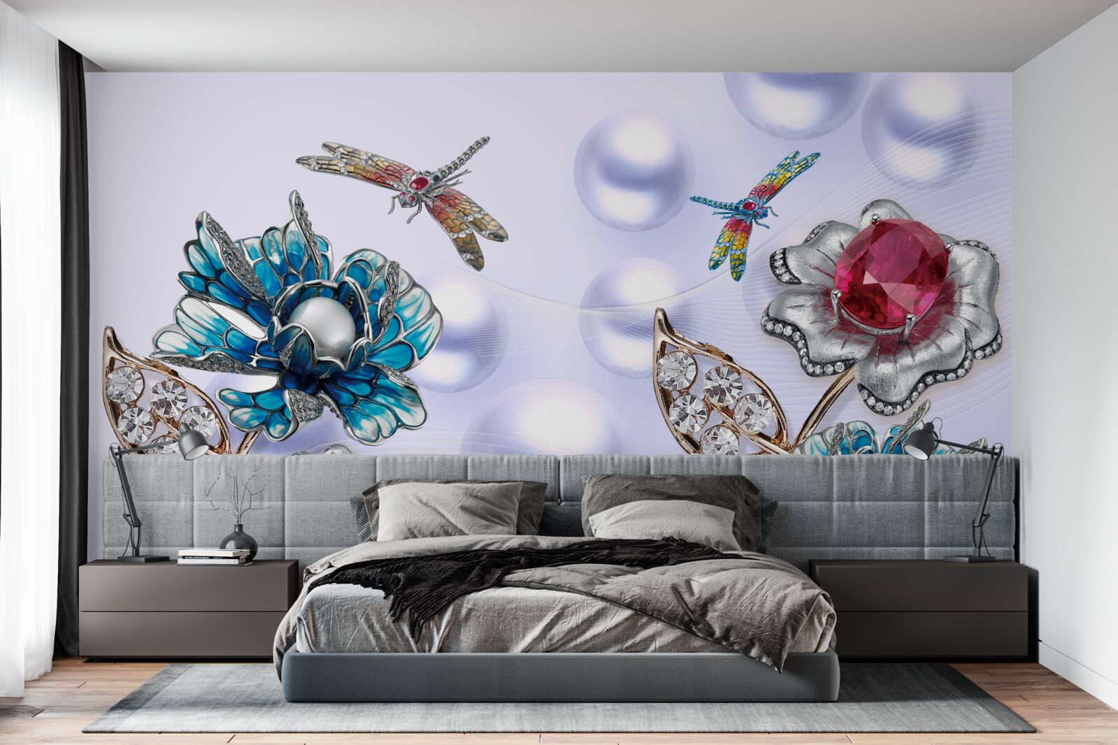 Fototapeta drahokamy s rastlinnými motívmi a vyobrazeniami vážok