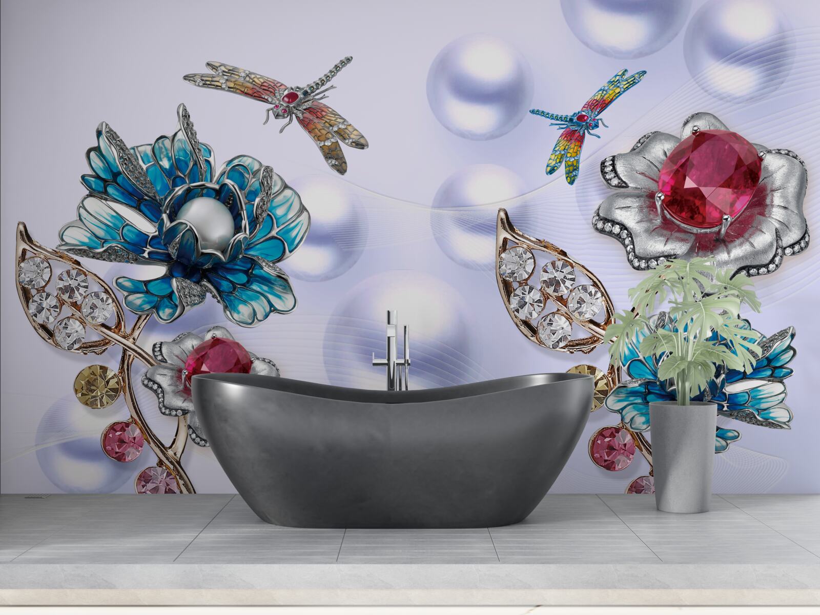 Fototapeta drahokamy s rastlinnými motívmi a vyobrazeniami vážok