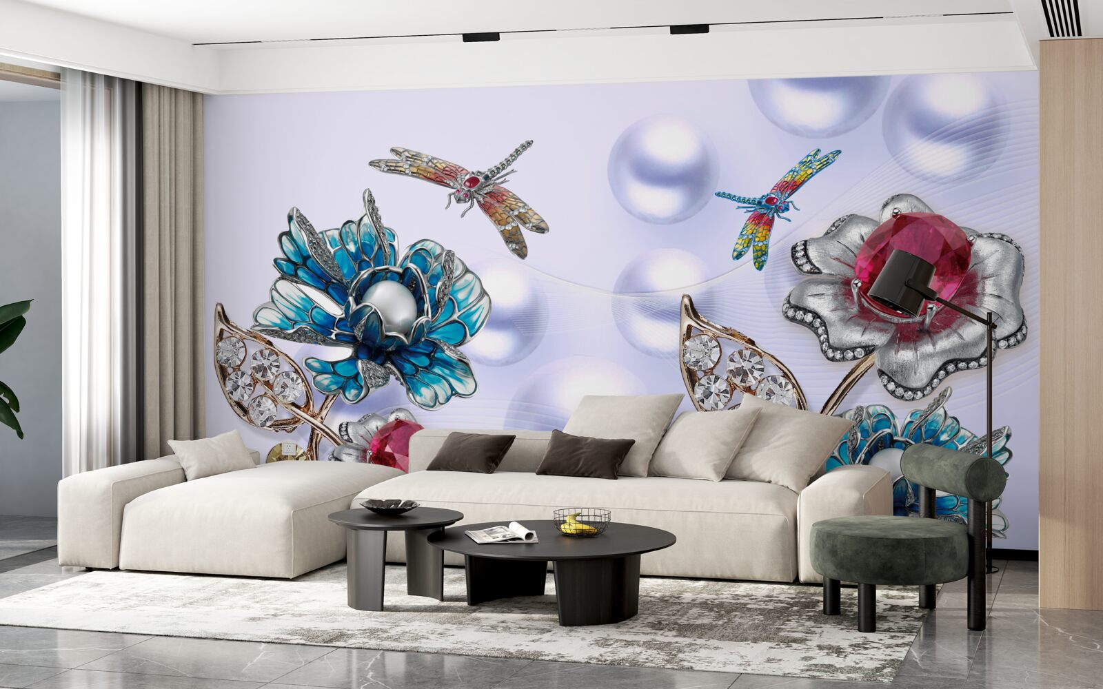 Fototapeta drahokamy s rastlinnými motívmi a vyobrazeniami vážok