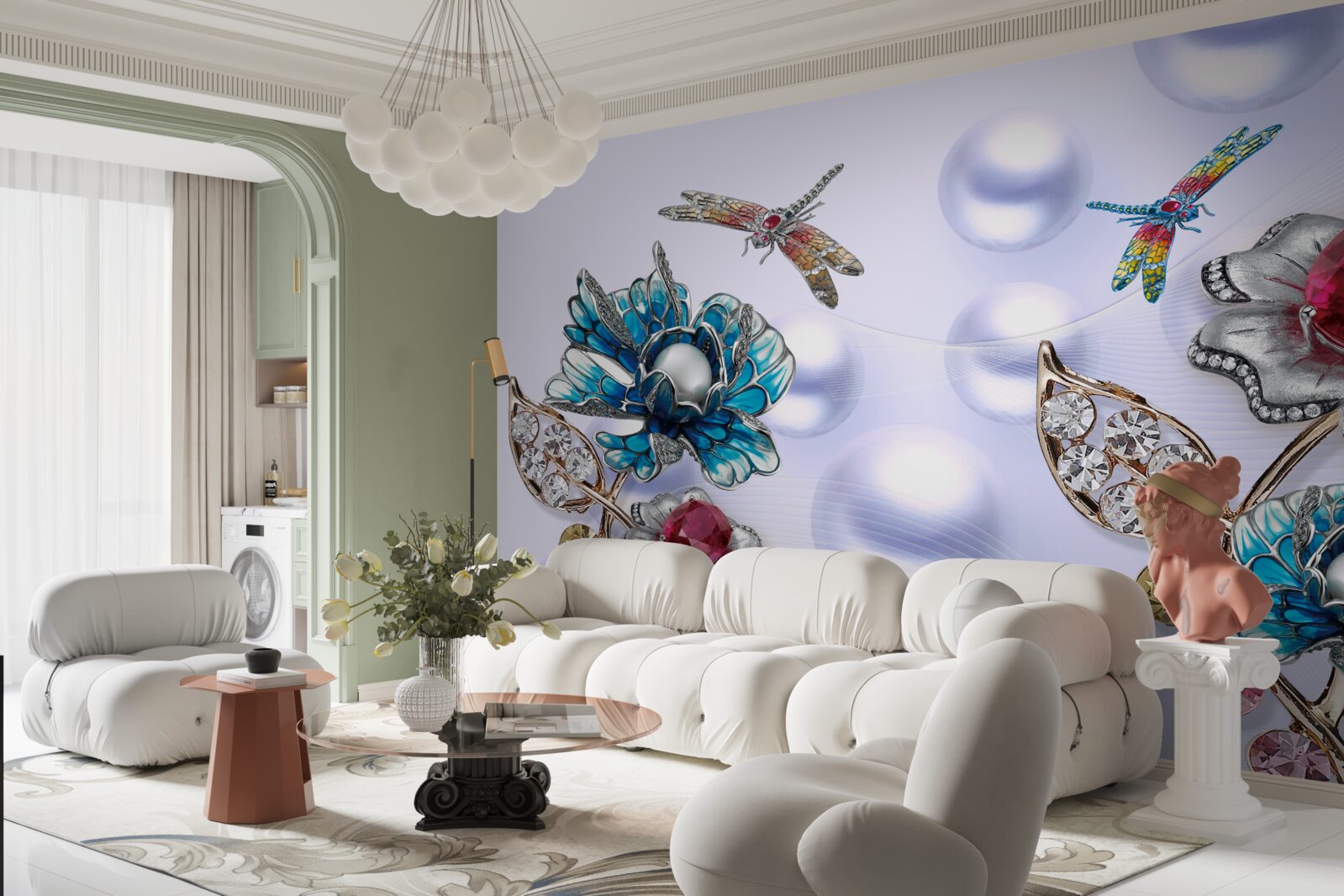 Fototapeta drahokamy s rastlinnými motívmi a vyobrazeniami vážok