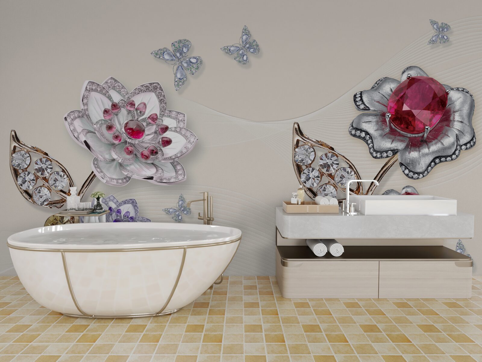 Fototapeta zlaté kvety zdobené drahými kameňmi potešia svojou krásou