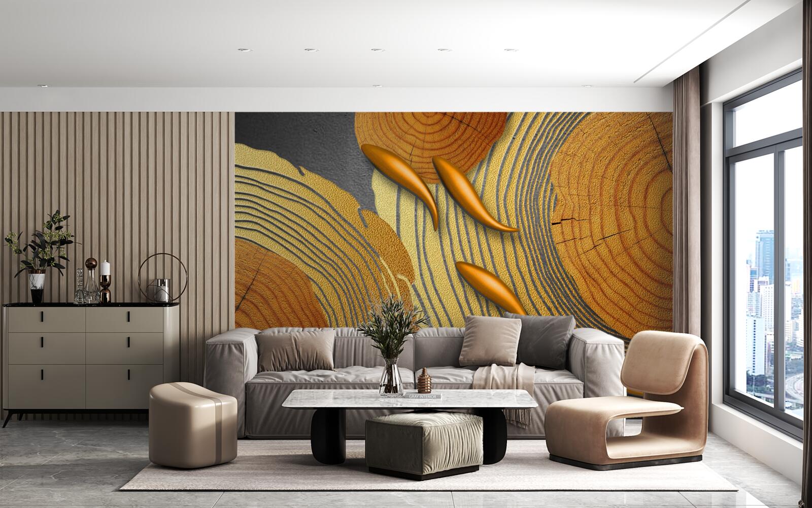 Fototapeta sochy na stromoch sú zdobené zlatými rybkami