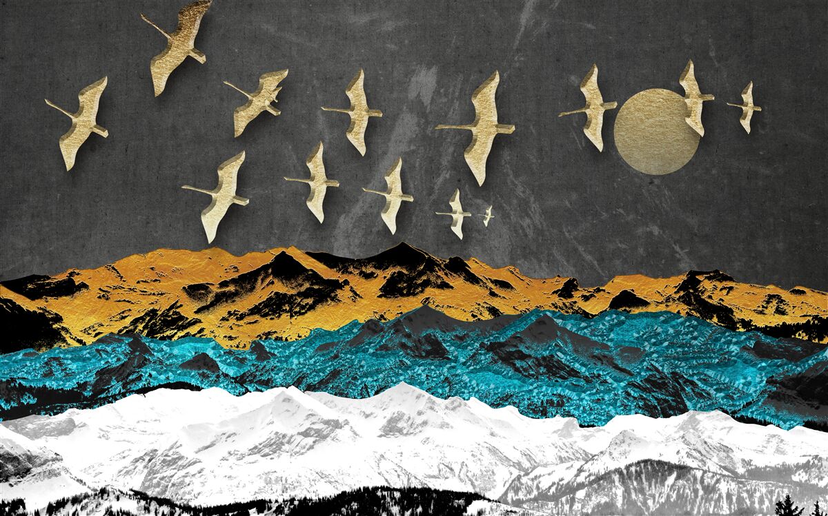 Fototapeta skupina žeriavov sa vznáša nad rozbúrenými vlnami