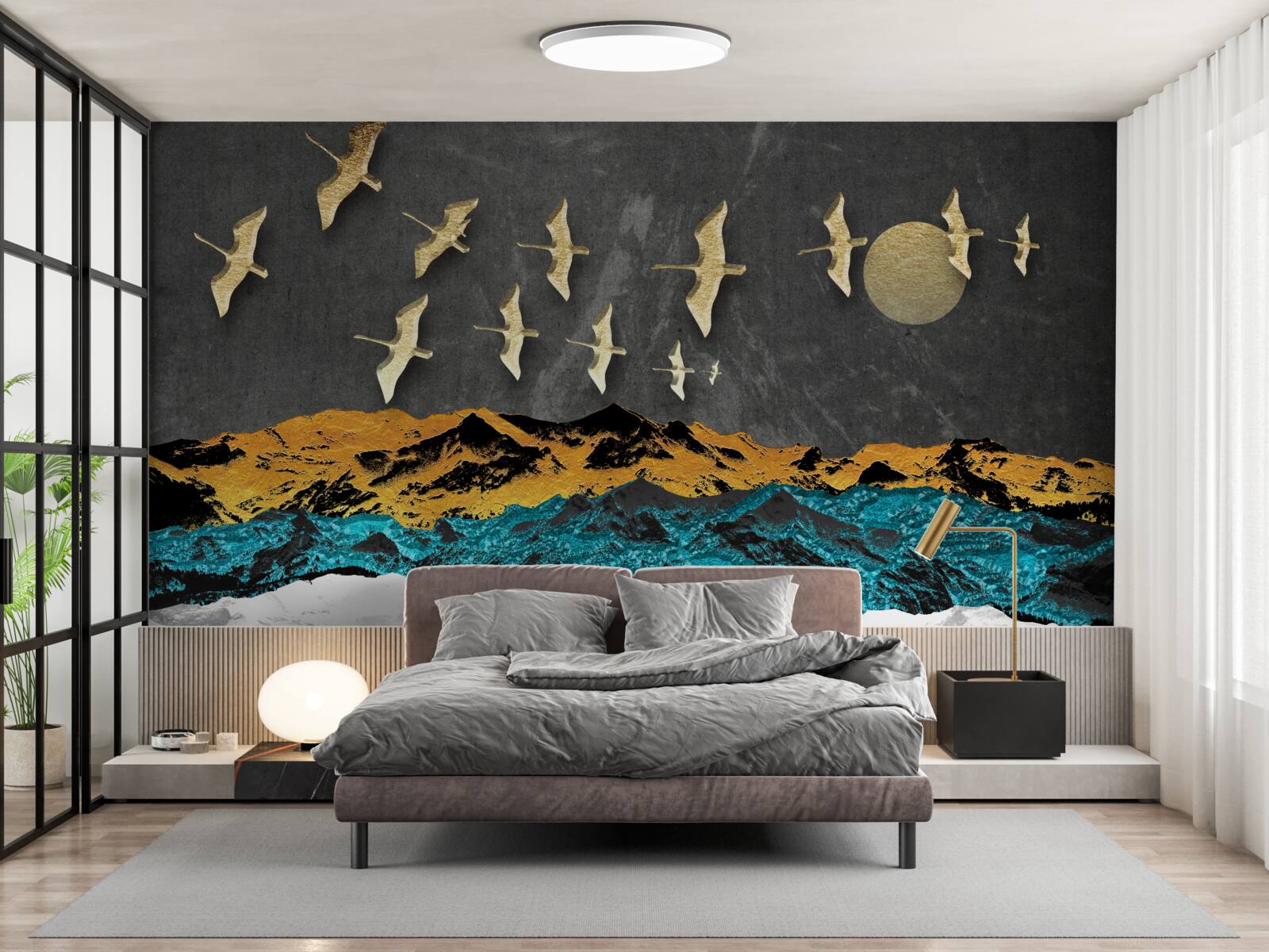 Fototapeta skupina žeriavov sa vznáša nad rozbúrenými vlnami