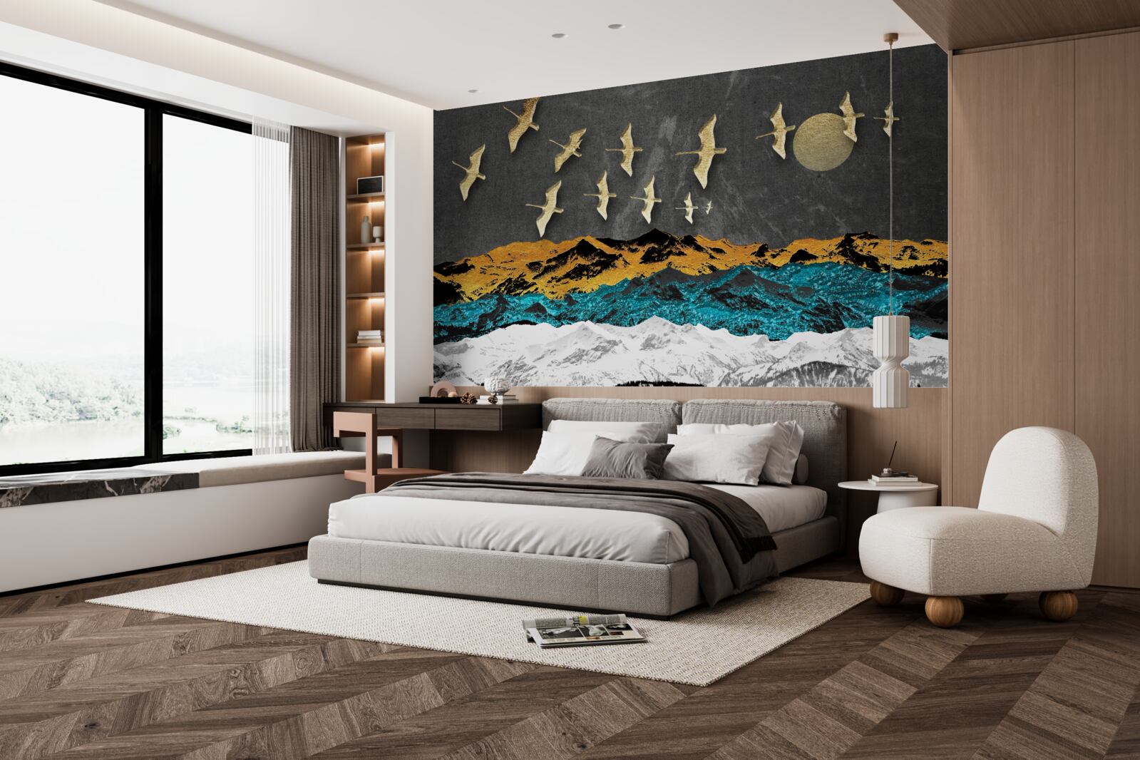 Fototapeta skupina žeriavov sa vznáša nad rozbúrenými vlnami