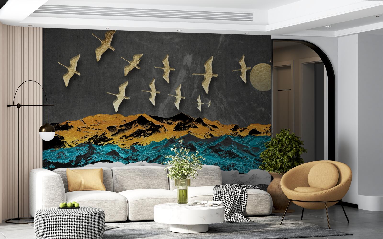 Fototapeta skupina žeriavov sa vznáša nad rozbúrenými vlnami