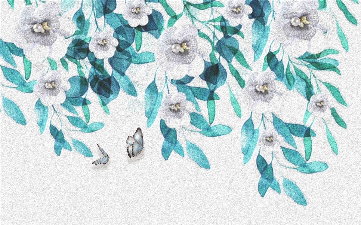 Fototapeta jemné biele kvety sú obklopené motýľmi