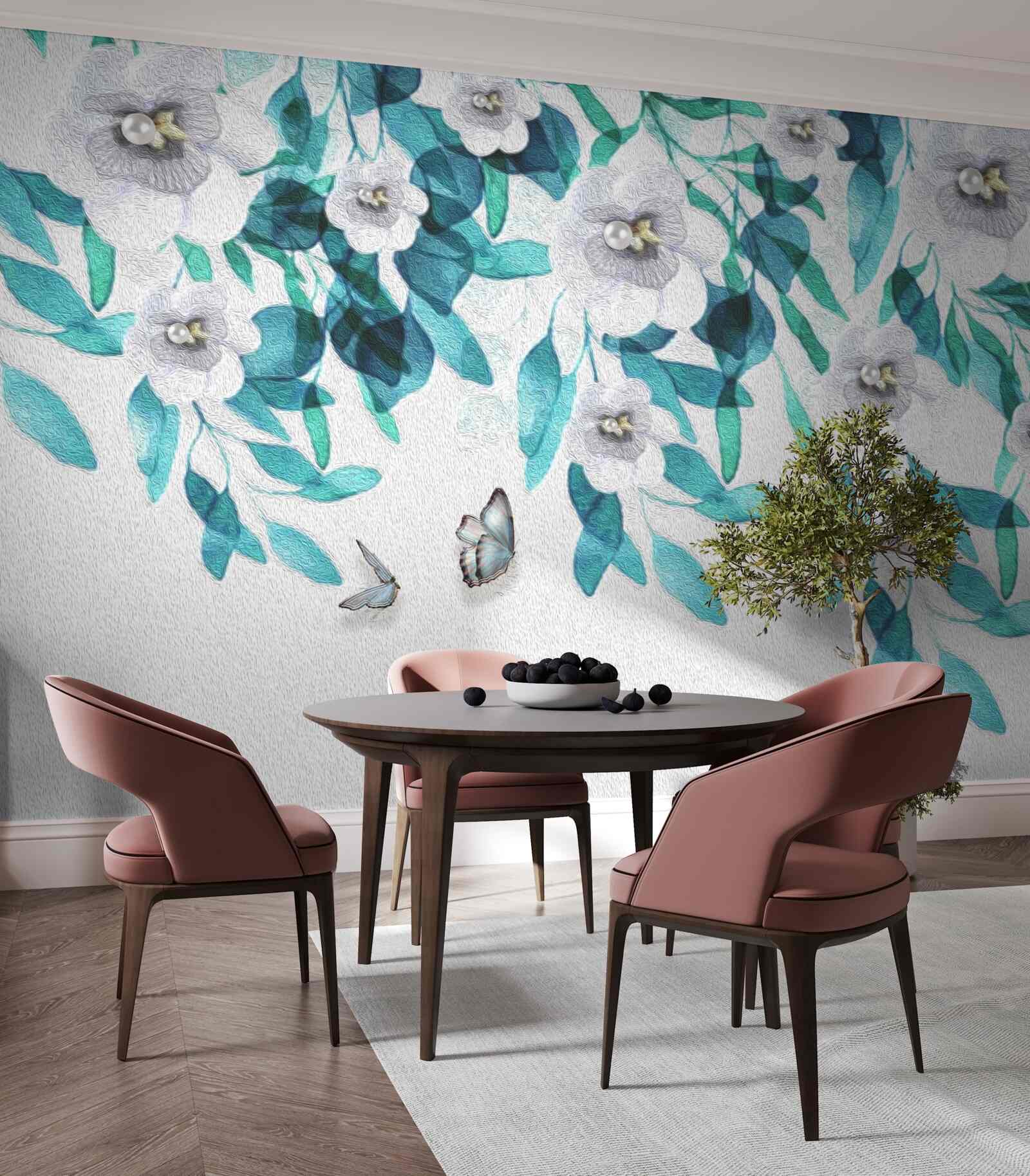 Fototapeta jemné biele kvety sú obklopené motýľmi