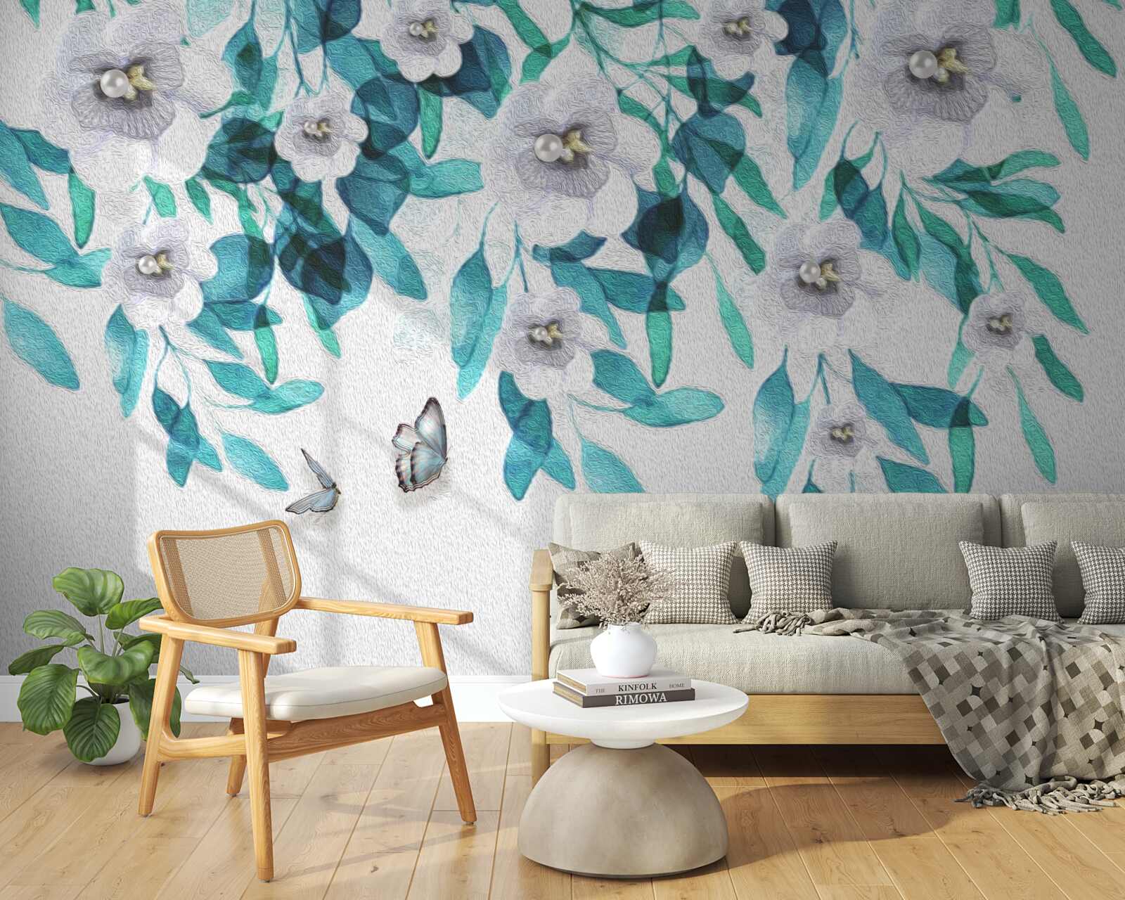 Fototapeta jemné biele kvety sú obklopené motýľmi