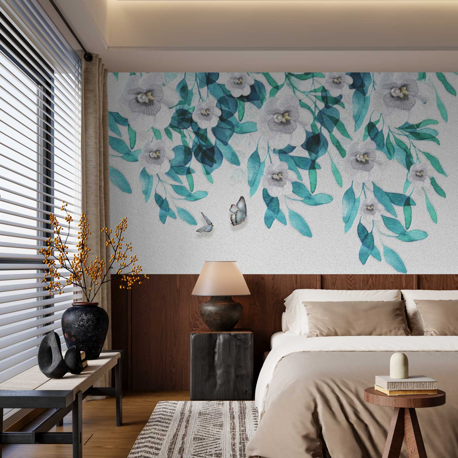 Fototapeta jemné biele kvety sú obklopené motýľmi