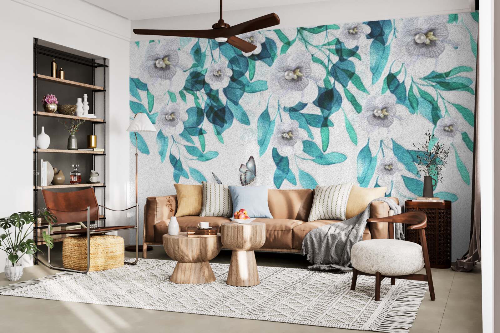 Fototapeta jemné biele kvety sú obklopené motýľmi