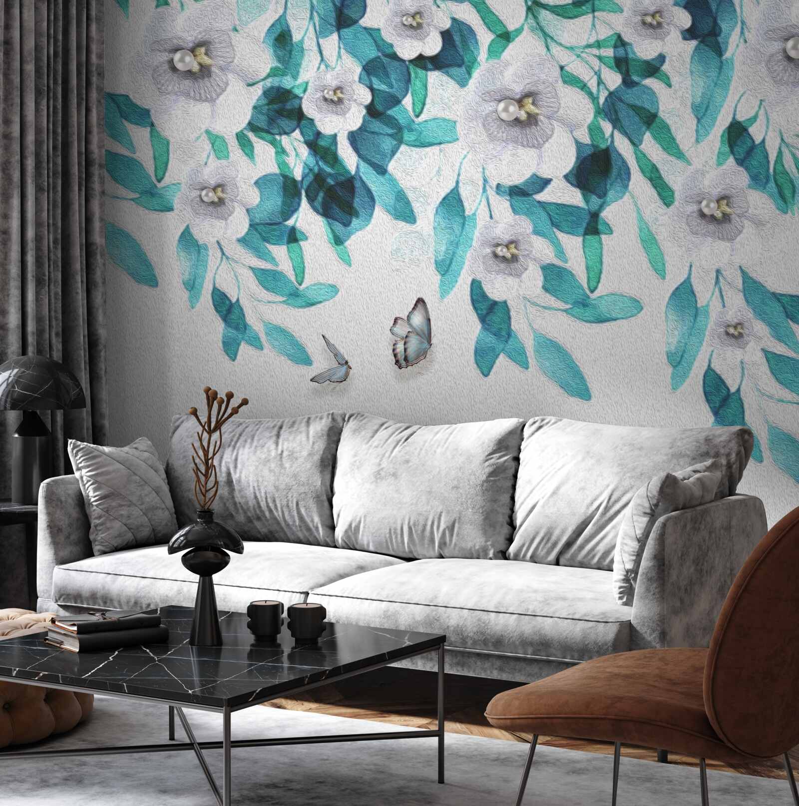 Fototapeta jemné biele kvety sú obklopené motýľmi