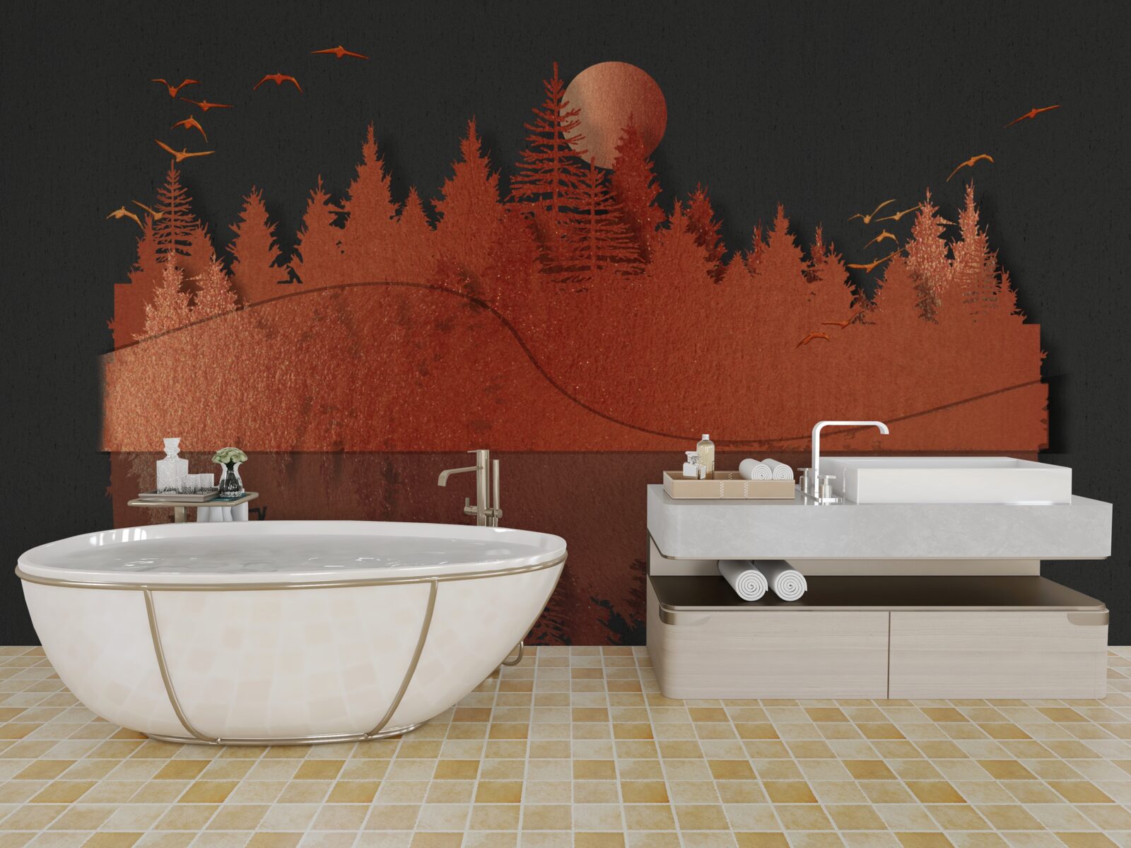 Fototapeta Vodné zrkadlo zobrazuje červený les