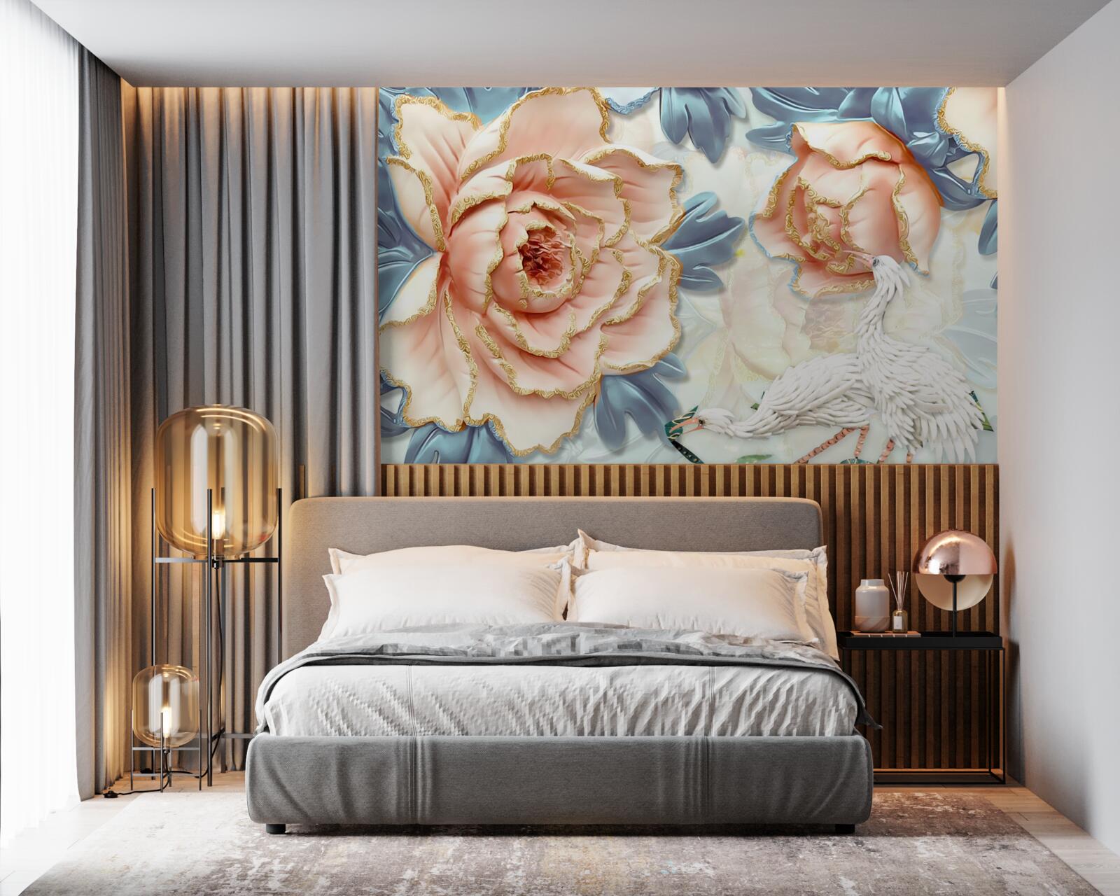 Fototapeta broskyňové ruže a biele labute