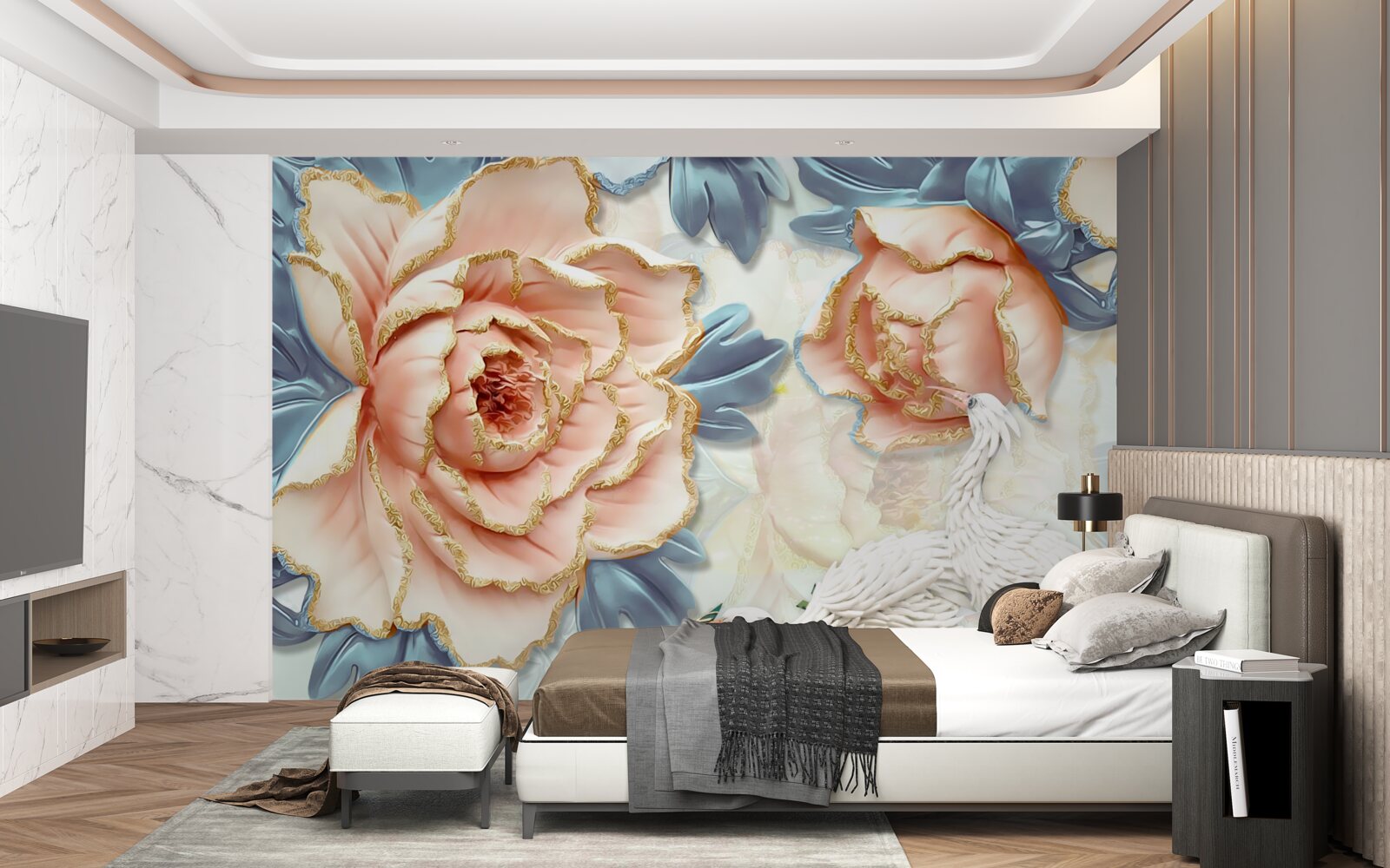 Fototapeta broskyňové ruže a biele labute