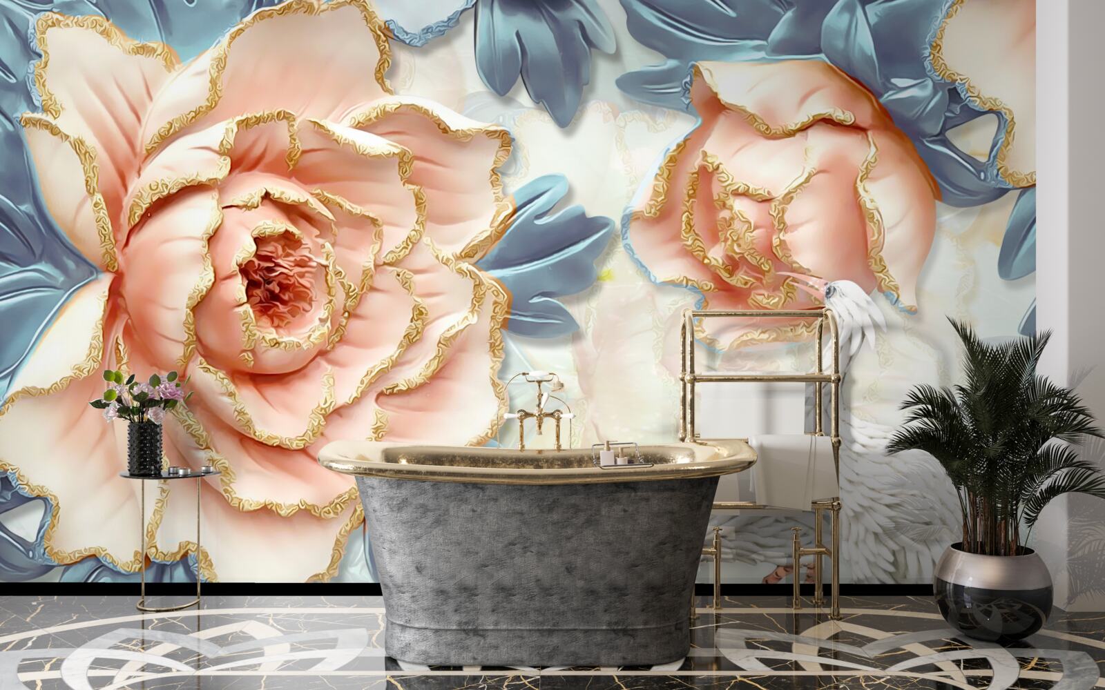 Fototapeta broskyňové ruže a biele labute