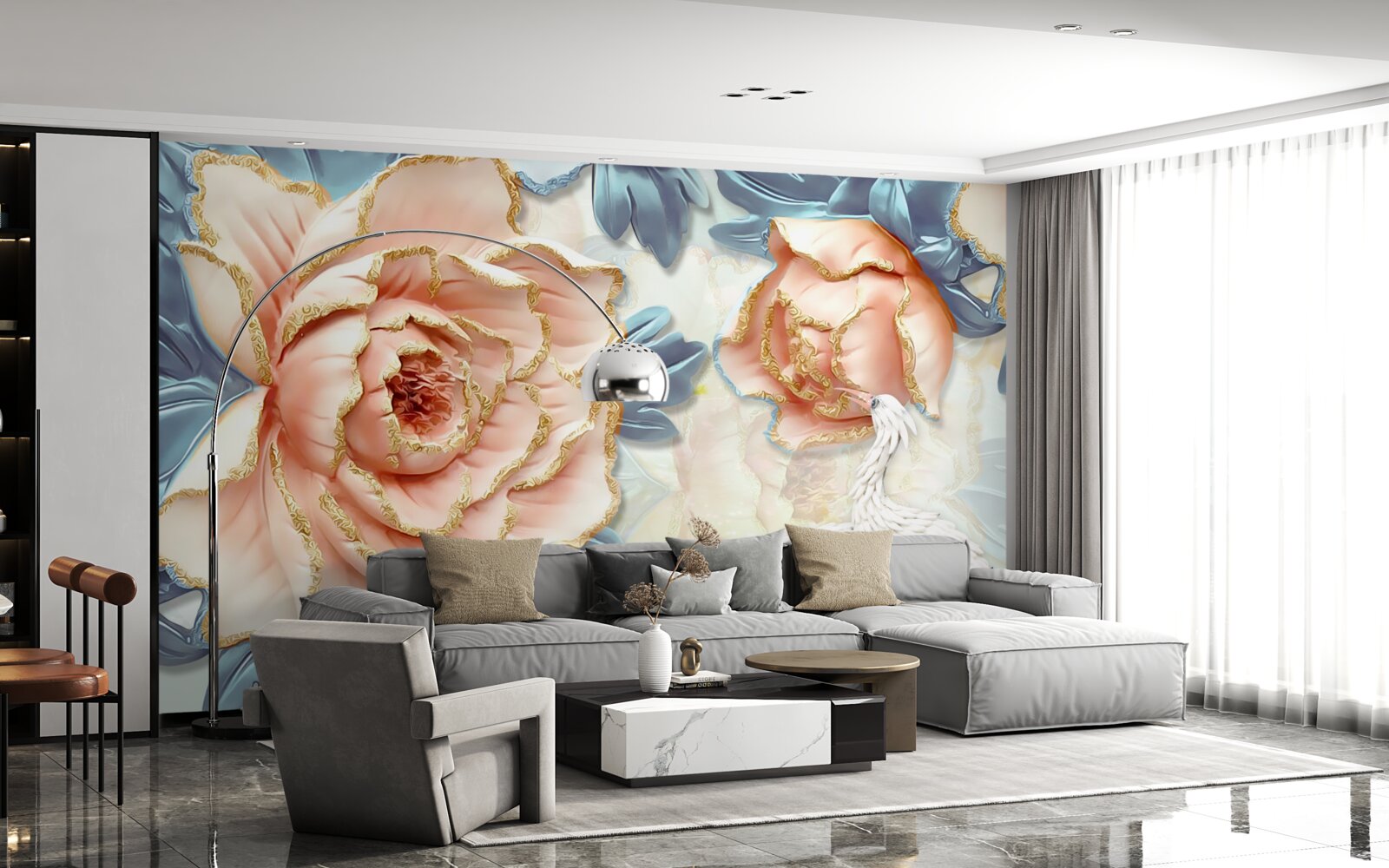 Fototapeta broskyňové ruže a biele labute