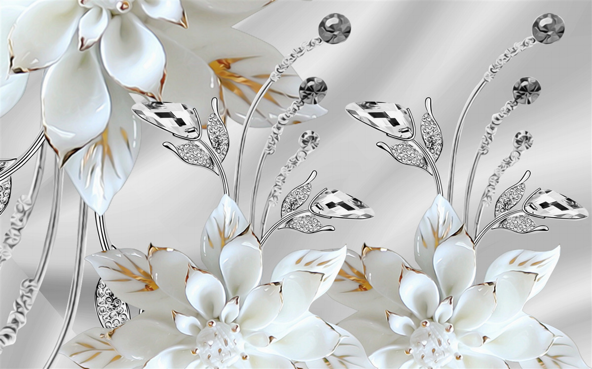 Fototapeta biele a zlaté kvety zdobené na hodvábnej látke