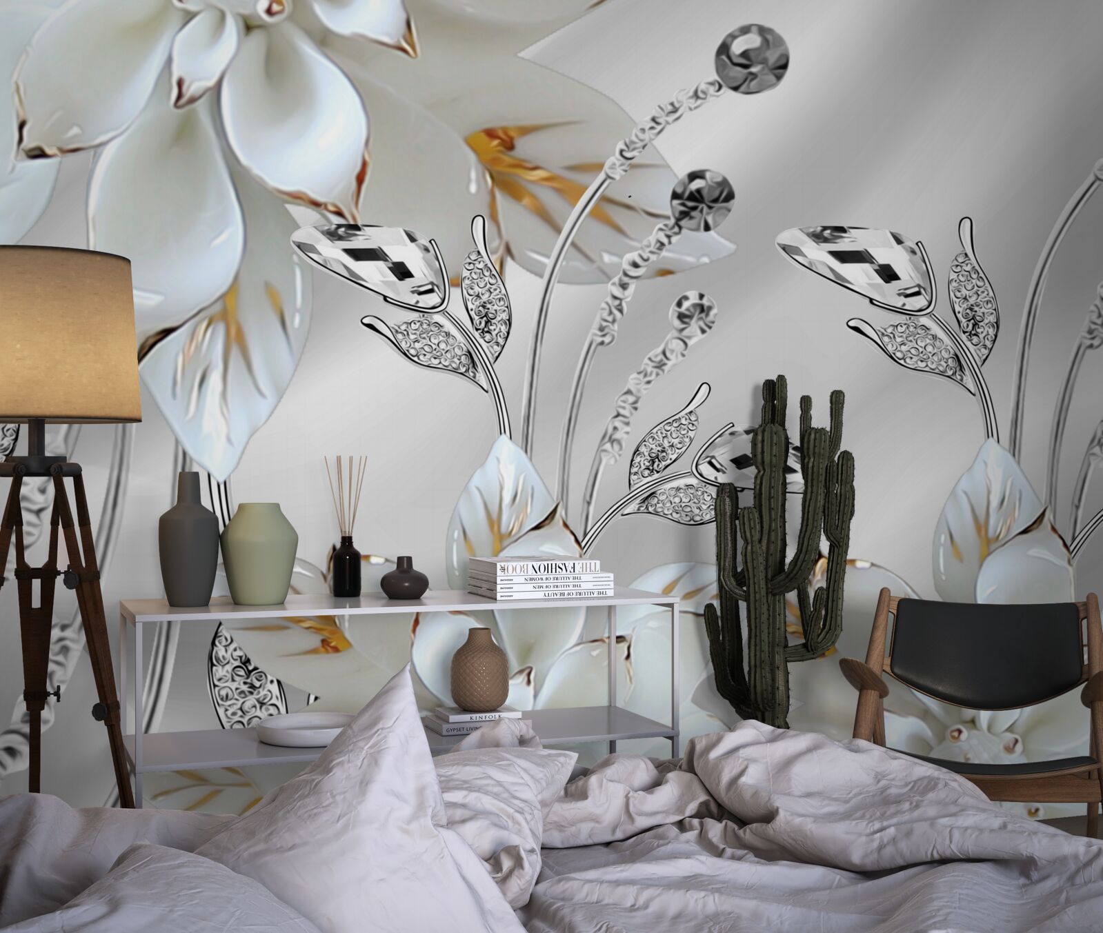 Fototapeta biele a zlaté kvety zdobené na hodvábnej látke