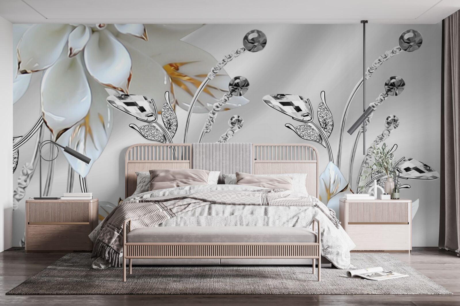 Fototapeta biele a zlaté kvety zdobené na hodvábnej látke