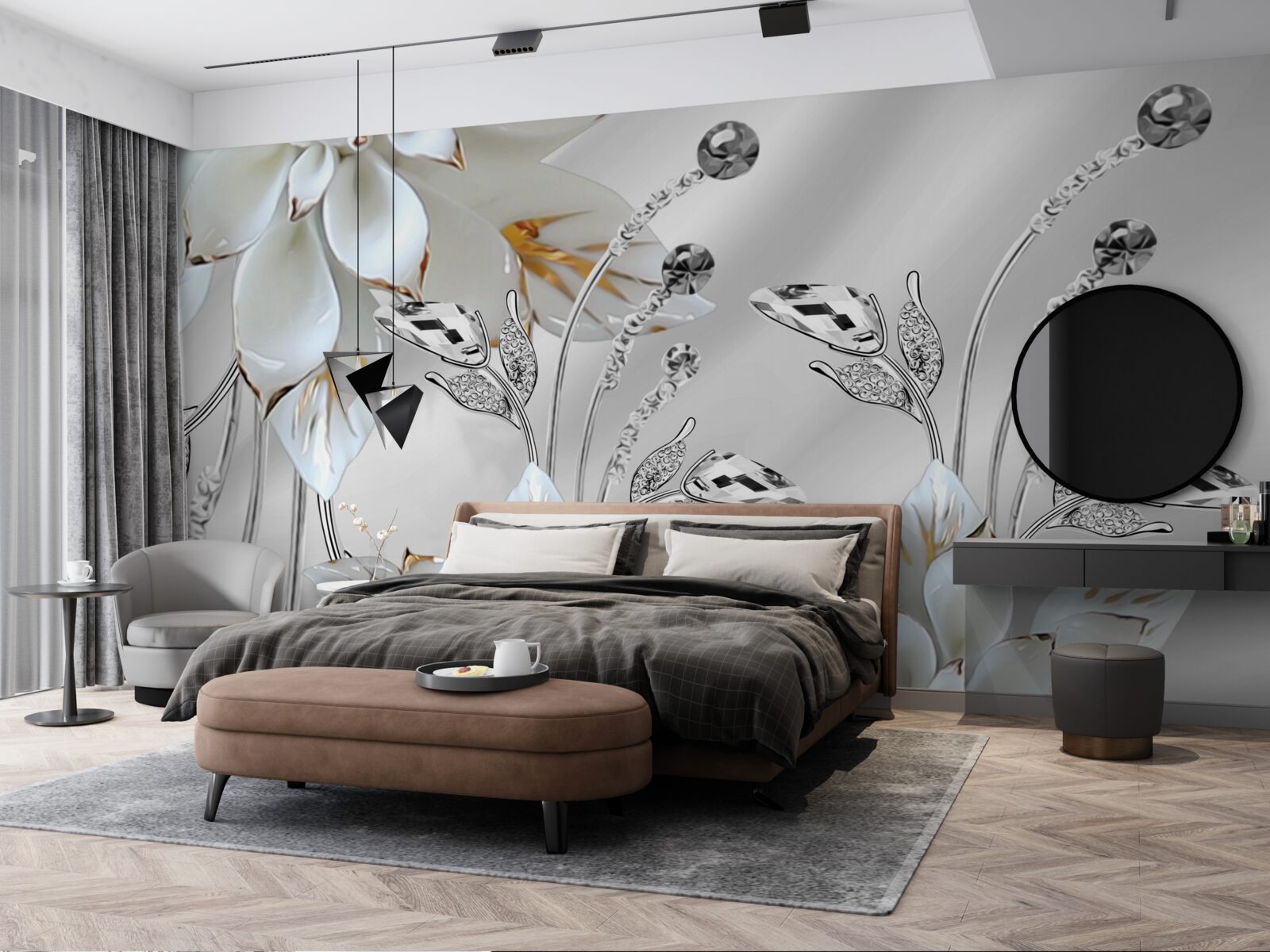 Fototapeta biele a zlaté kvety zdobené na hodvábnej látke