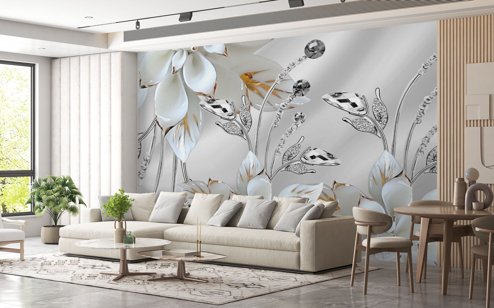 Fototapeta biele a zlaté kvety zdobené na hodvábnej látke