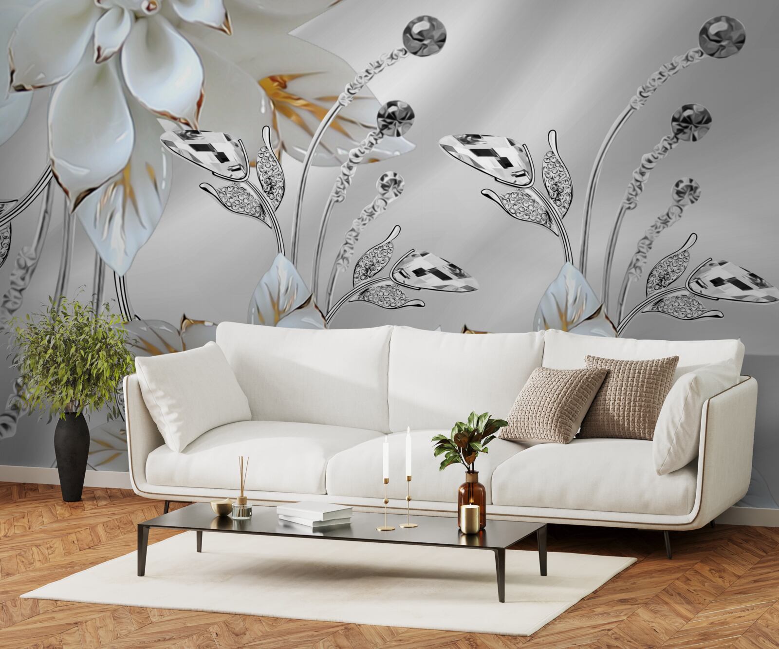 Fototapeta biele a zlaté kvety zdobené na hodvábnej látke